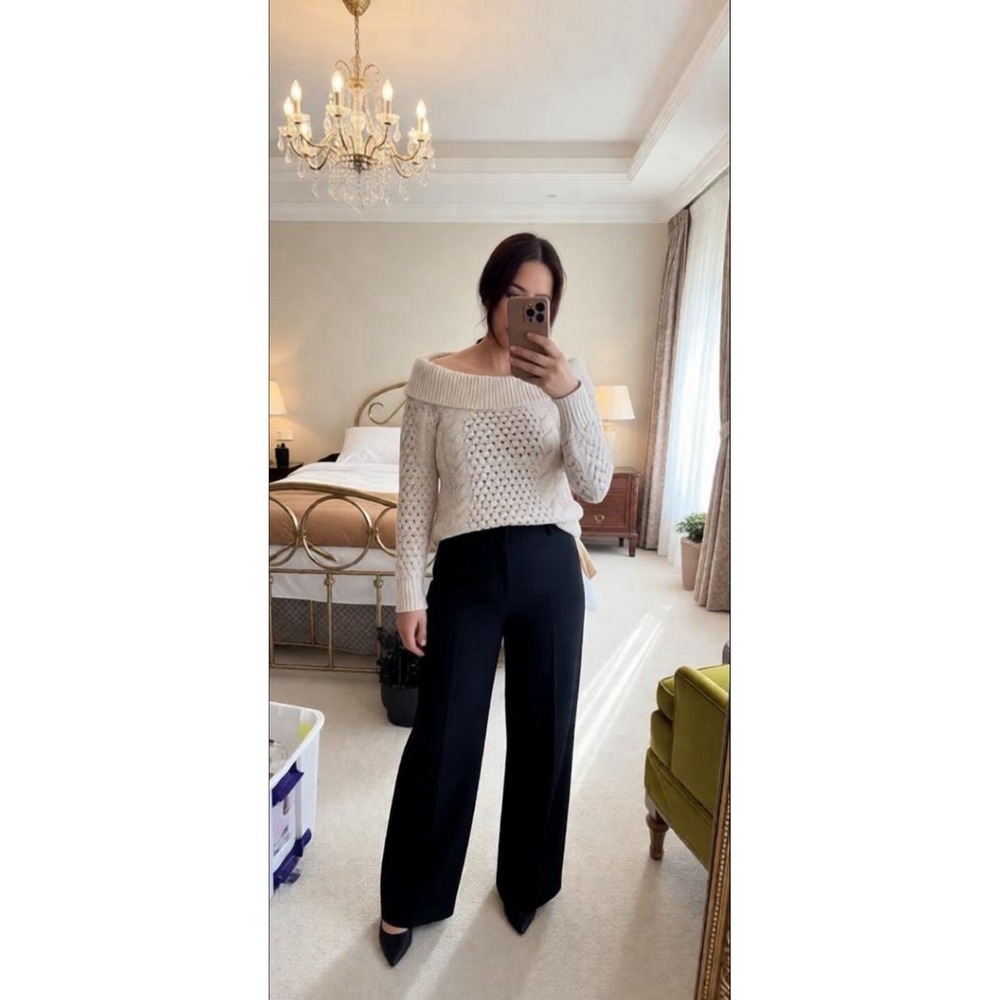 Intermix Adalene Off Shoulder Wool Cotton Women's Cream Cable Knit Sweater M